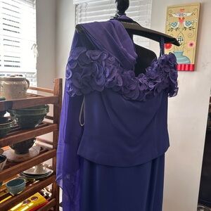 Daymor Couture Purple SAMPLE dress. Ruffle of flowers with beading around neck.